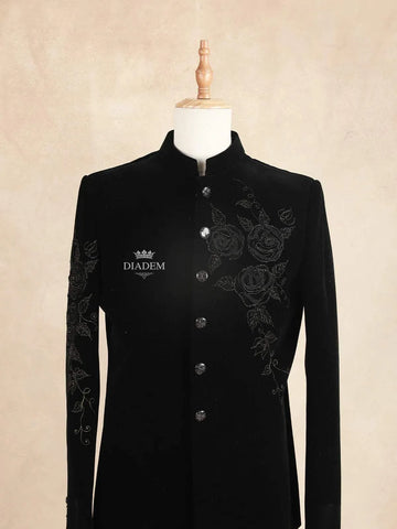 Black Coat Suit Embellished with Embroided Floral Design with Unstitched Pant Material - Diadem
