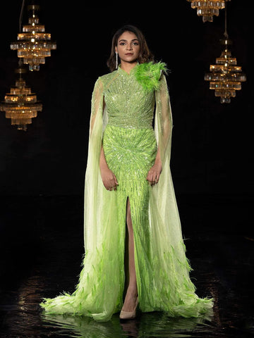 Green Net Gown with Beads, High Slit - Diadem