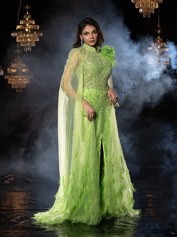 Green Net Gown with Beads, High Slit - Diadem