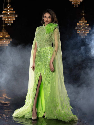 Green Net Gown with Beads, High Slit - Diadem