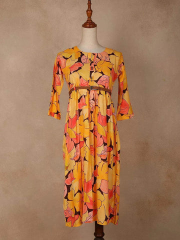 Orange Yellow Cotton Kurti Adorned with Floral Prints and Waist Belt - Diadem