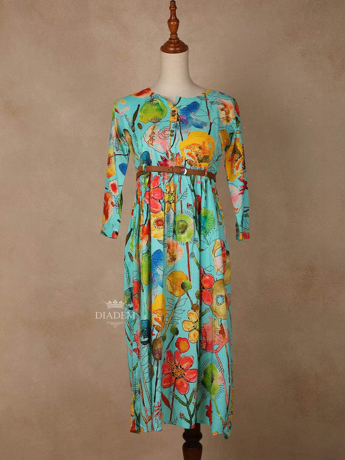 Aqua Blue Cotton Maxi Dress for Girls Adorned with Floral Prints and Waist Belt - Diadem