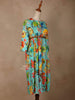 Aqua Blue Cotton Maxi Dress for Girls Adorned with Floral Prints and Waist Belt - Diadem