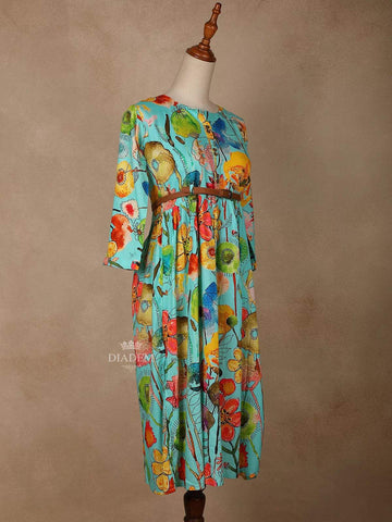 Aqua Blue Cotton Maxi Dress for Girls Adorned with Floral Prints and Waist Belt - Diadem