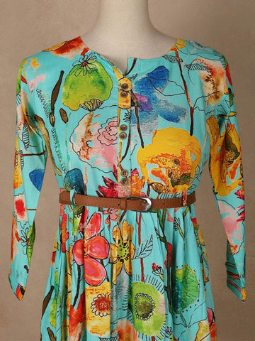 Aqua Blue Cotton Maxi Dress for Girls Adorned with Floral Prints and Waist Belt - Diadem