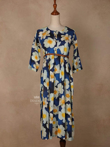 Navy Blue Cotton Maxi Dress for Girls Adorned with Floral Prints and Waist Belt - Diadem