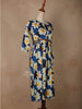 Navy Blue Cotton Maxi Dress for Girls Adorned with Floral Prints and Waist Belt - Diadem