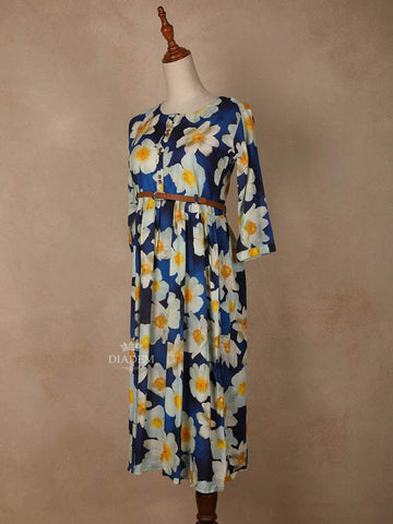 Navy Blue Cotton Maxi Dress for Girls Adorned with Floral Prints and Waist Belt - Diadem