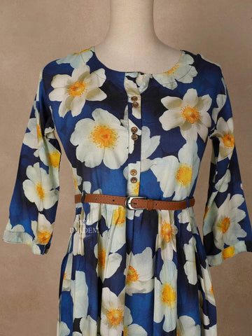 Navy Blue Cotton Maxi Dress for Girls Adorned with Floral Prints and Waist Belt - Diadem
