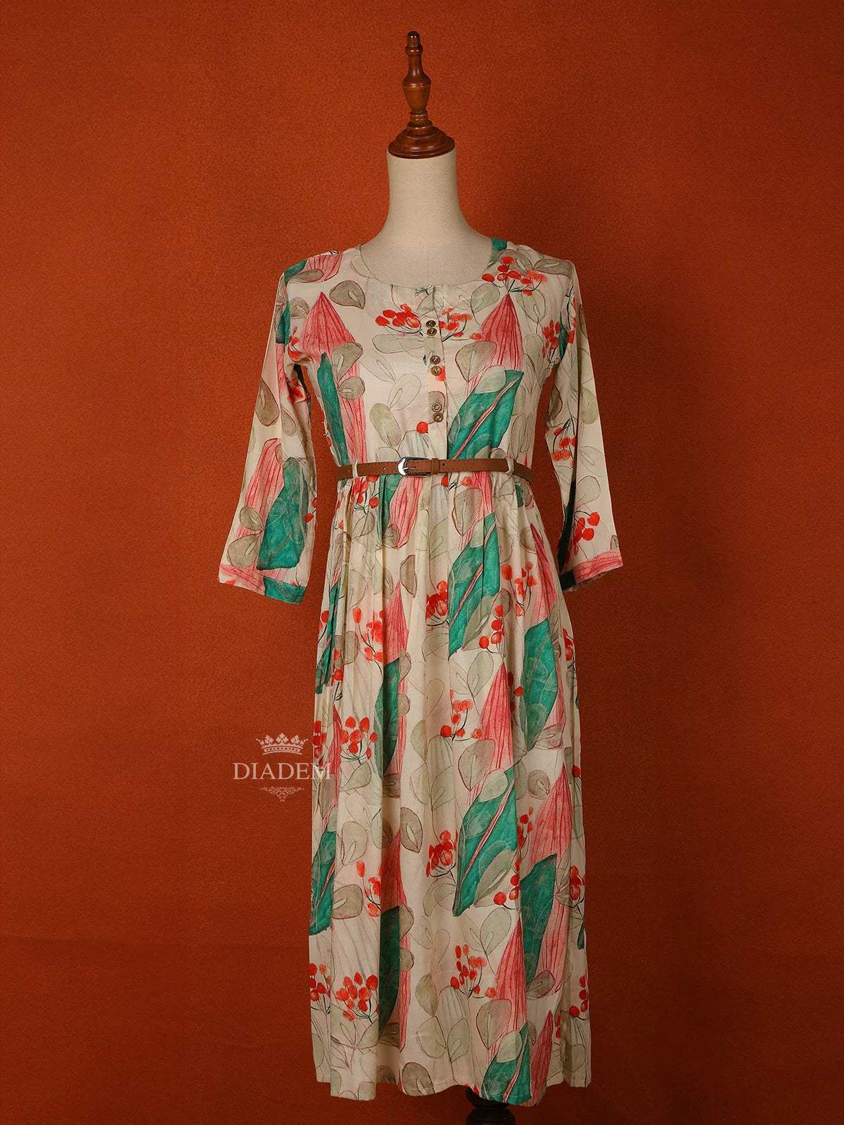 Ivory Cotton Maxi Dress for Girls Adorned with Floral Prints and Waist Belt - Diadem