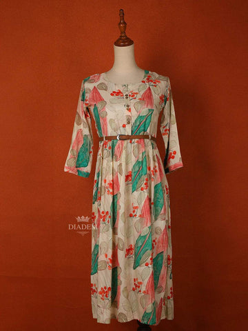 Ivory Cotton Maxi Dress for Girls Adorned with Floral Prints and Waist Belt - Diadem