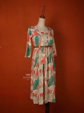 Ivory Cotton Maxi Dress for Girls Adorned with Floral Prints and Waist Belt - Diadem