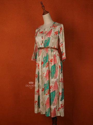 Ivory Cotton Maxi Dress for Girls Adorned with Floral Prints and Waist Belt - Diadem