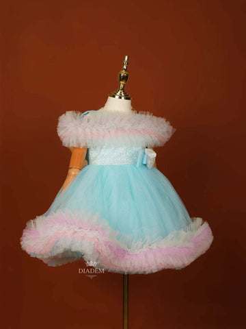 Light Blue Net Ruffle Frock Embellished with Glitters - Diadem
