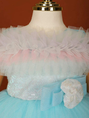 Light Blue Net Ruffle Frock Embellished with Glitters - Diadem