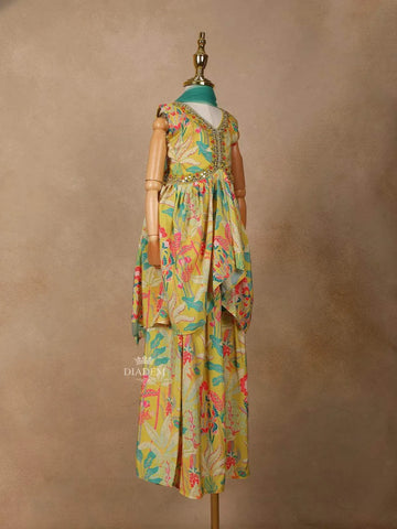 Yellow Georgette Palazzo Salwar Suit for Women with Floral Prints and Embroidery, paired with Dupatta - Diadem