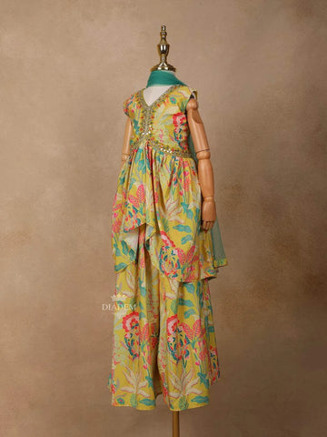 Yellow Georgette Palazzo Salwar Suit for Women with Floral Prints and Embroidery, paired with Dupatta - Diadem