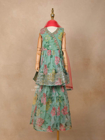 Light Green Net Sharara Suit with Floral Prints and Embroidery, paired with Dupatta - Diadem