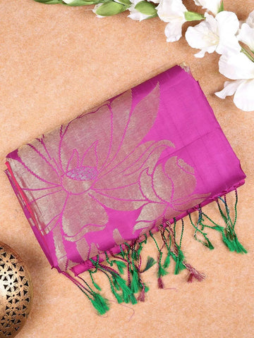Pink Soft Silk Saree with Plain Body Design with Flower Designed Contrast Border - Diadem