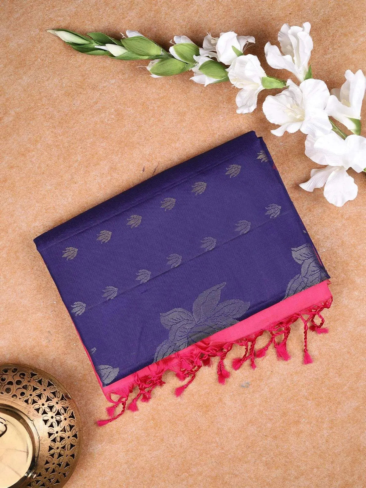 Dark Blue Soft Silk Saree with Flower and Leaf Design On the Body and without Border - Diadem
