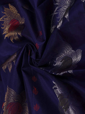 Dark Blue Soft Silk Saree with Flower and Leaf Design On the Body and without Border - Diadem