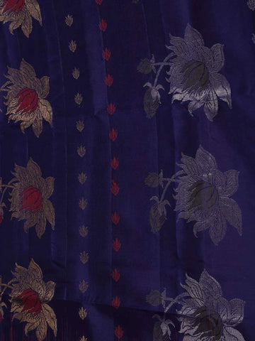 Dark Blue Soft Silk Saree with Flower and Leaf Design On the Body and without Border - Diadem