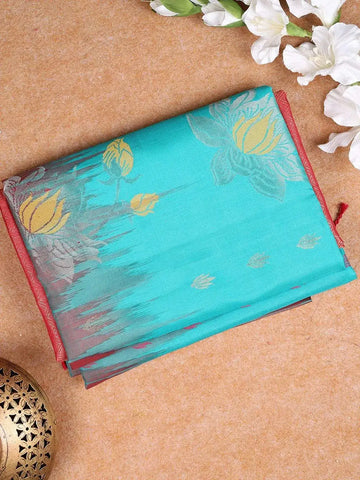 Aqua Blue Soft Silk Saree with Flower and Leaf Design on the Body and without Border - Diadem