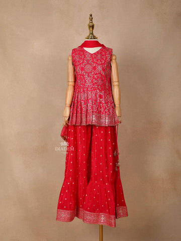 Red Pink Georgette Sharara Suit Adorned with Prints and Beads, paired with Dupatta - Diadem
