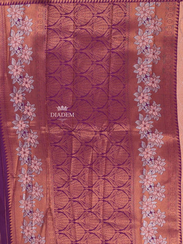 Peach Arani Silk Saree with Floral Motif on the body and Contrast Zari Border - Diadem