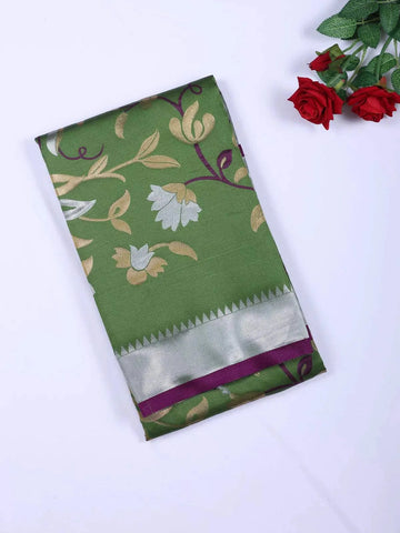 Green Semi Banarasi Saree with Floral Motif on the body and Zari Border - Diadem