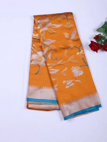 Orange Semi Banarasi Saree with Floral Motif on the body and Zari Border - Diadem