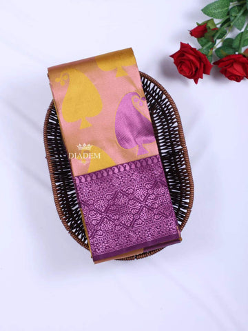 Peach Arani Silk Saree with Zari Butta on the body and Contrast Zari Border - Diadem