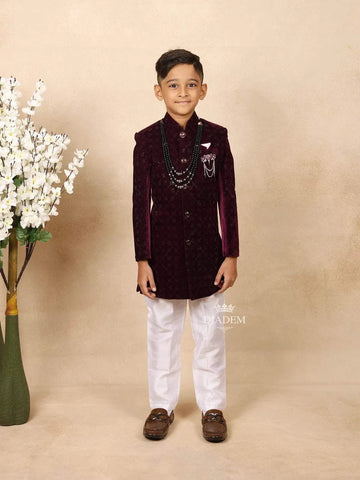 Wine Velvet Indo Western Sherwani with Attached Brooch and Beaded Mala - Diadem