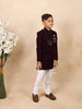 Wine Velvet Indo Western Sherwani with Attached Brooch and Beaded Mala - Diadem