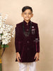 Wine Velvet Indo Western Sherwani with Attached Brooch and Beaded Mala - Diadem