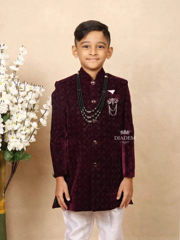 Wine Velvet Indo Western Sherwani with Attached Brooch and Beaded Mala - Diadem