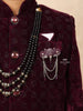 Wine Velvet Indo Western Sherwani with Attached Brooch and Beaded Mala - Diadem