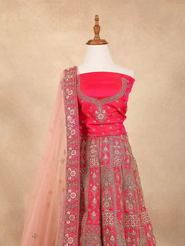 Queen Pink Raw Silk Wedding Bridal Lehenga with Floral Embroidery - Diadem