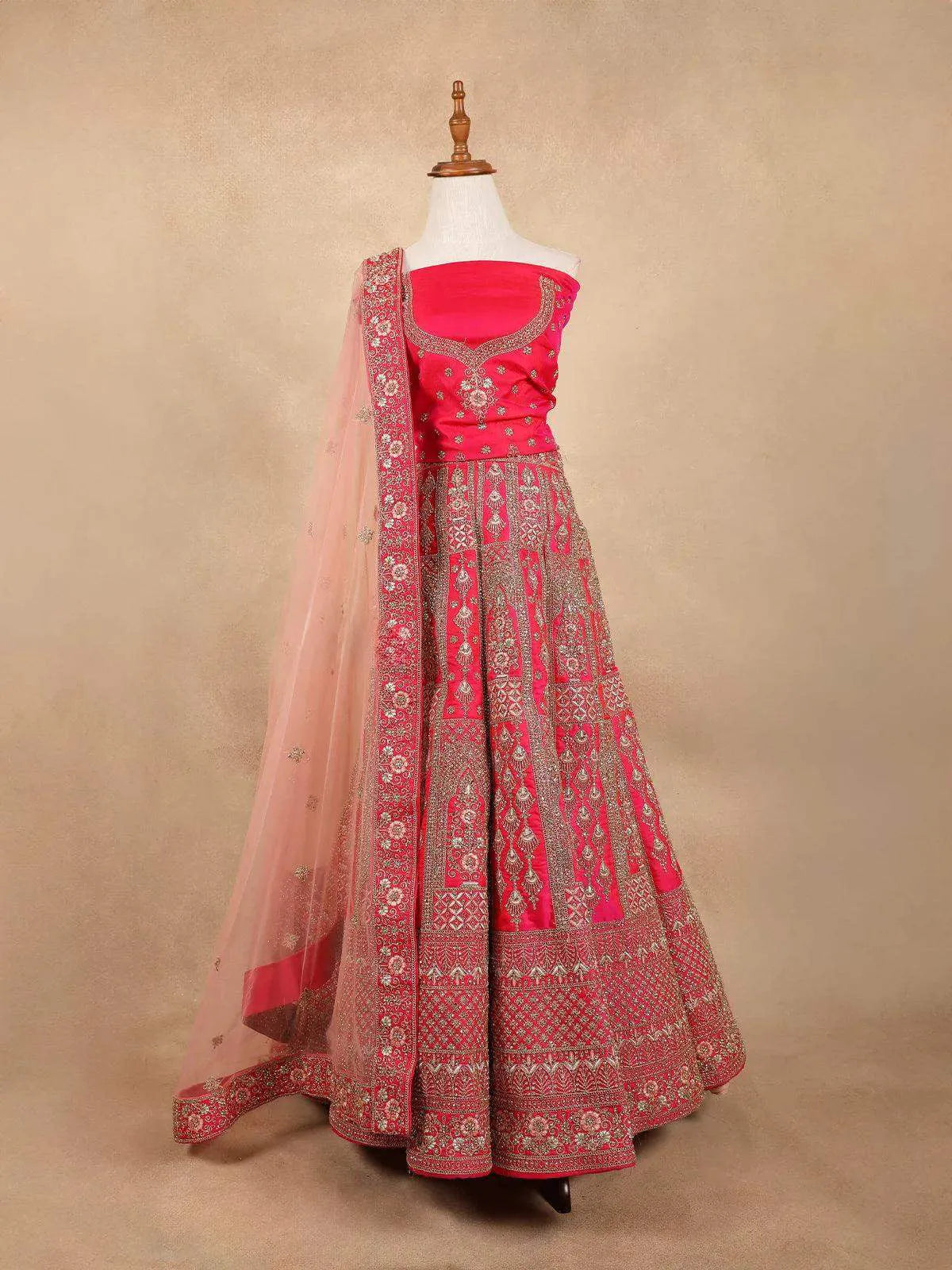 Queen Pink Raw Silk Wedding Bridal Lehenga with Floral Embroidery - Diadem