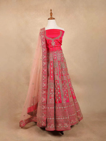 Queen Pink Raw Silk Wedding Bridal Lehenga with Floral Embroidery - Diadem