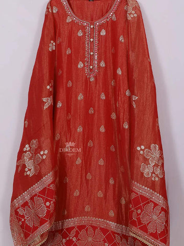Red Semi Tissue Straight Cut Salwar Suit for Women with Floral Embroidery and Mirrorwork, paired with Dupatta - Diadem