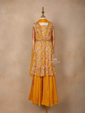 Mustard Orange Georgette Palazzo Salwar Suit Adorned with Floral Prints, Paired with Dupatta - Diadem