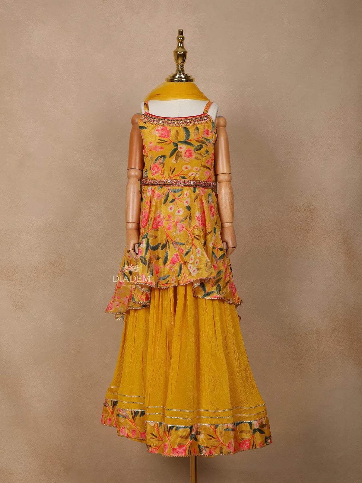 Chrome Yellow Georgette Lehenga Adorned with Floral Prints, Paired with Dupatta - Diadem