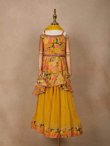 Chrome Yellow Georgette Lehenga Adorned with Floral Prints, Paired with Dupatta - Diadem