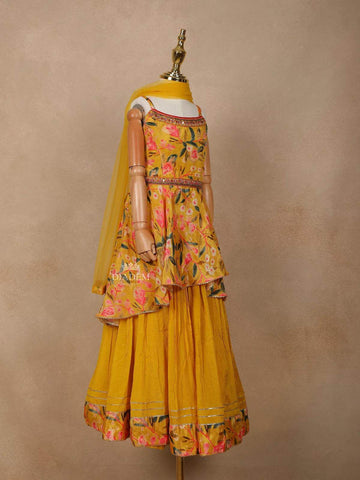 Chrome Yellow Georgette Lehenga Adorned with Floral Prints, Paired with Dupatta - Diadem