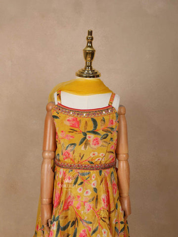 Chrome Yellow Georgette Lehenga Adorned with Floral Prints, Paired with Dupatta - Diadem