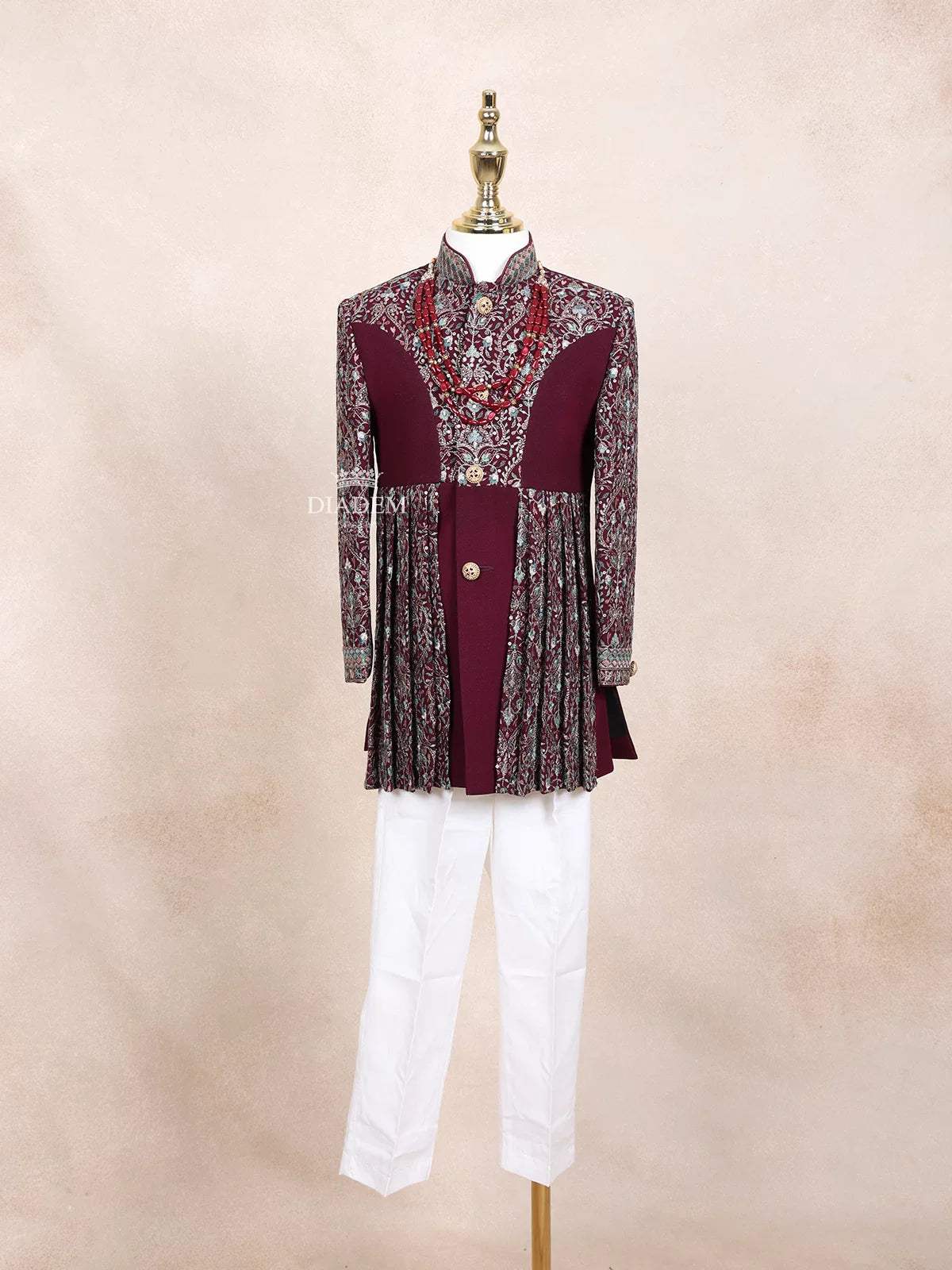 Wine Kids Sherwani Embellished with Sequins and Floral Design with Pearls Mala - Diadem
