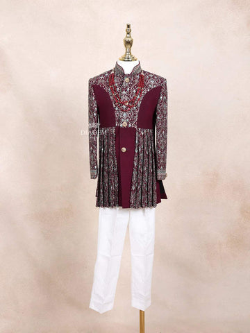 Wine Kids Sherwani Embellished with Sequins and Floral Design with Pearls Mala - Diadem