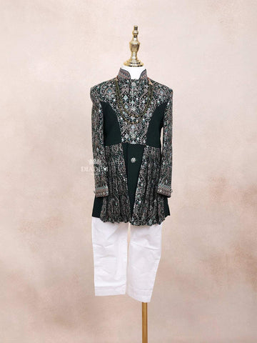 Dark Green Sherwani Adorned with Sequins and Fancy Design Attached with Pearls Mala - Diadem