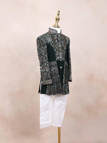 Dark Green Sherwani Adorned with Sequins and Fancy Design Attached with Pearls Mala - Diadem